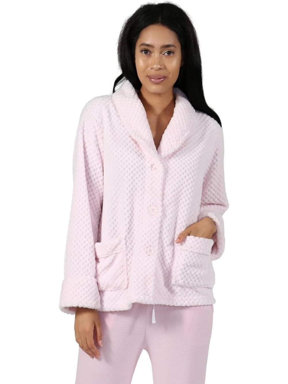 Cozy Women's Fleece Bed Jacket - Notched Collar, Long Sleeves, Pockets, Button